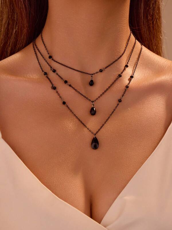 3 Pieces/Set Of Exquisite Black Crystal Pendant Necklaces - Vintage Gothic Fashion Stacked Necklaces
