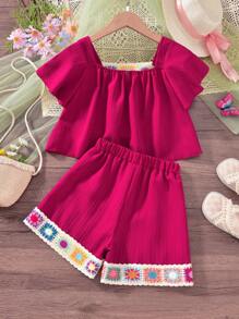 Vihyde Conjunto de festa casual para meninas com decote em V, mangas e shorts, acabamento em tecido vazado