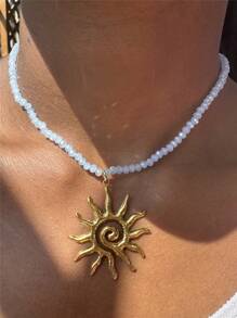 Colorful Beaded Necklace With Starfish And Shell Pendant, Stainless Steel Spring Ring Choker, Spring/Summer