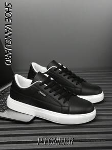 Men's Minimalist Style Black Detail Lace-Up Casual Sneakers, Comfortable Outdoor Sports Trainers