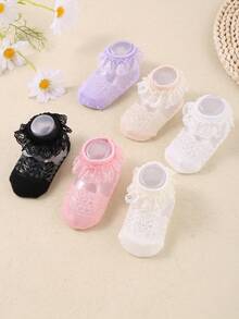 Six Pairs Of Lace Socks For Baby Girls. These Are Breathable, Comfortable And Refreshing Short Socks For Summer, Suitable For Cute Babies Aged 0 To 3 Years Old. They Are Princess-Style Socks With Lace Edges. - Multicolor - View 1