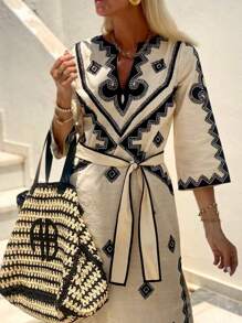 Women Geo Print V-Neck Long Sleeve Tie-Waist Dress