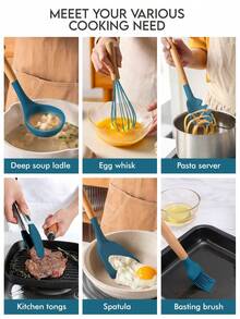12件套或44件套木柄硅胶厨房用具套装，耐热不粘锅具，适合烹饪和烘焙，圣诞节佳品