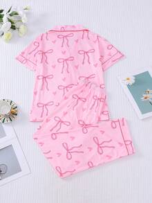 Set de 2 piezas de pijamas para mujeres con estampado de moño, top de manga corta con cuello vuelto cómodo y pantalones sueltos con elástico, conjunto elegante y de moda para fiestas, uso casual en interiores y exteriores - Rosa - Ver 2