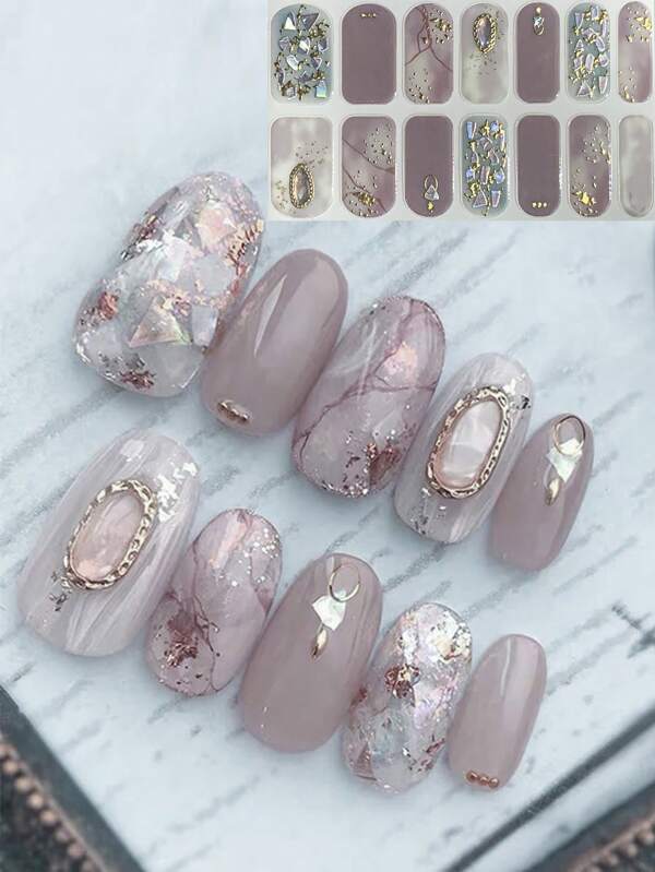 3D Tie Dye Gray Marble Texture Shiny Nail Stickers, Suitable For Women's Travel, Party, Manicure, Spring/Summer