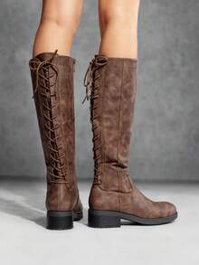 Women's Knee-High Boots, Comfortable Chunky Block Heel Pointed Toe Pull On Side Zipper Suede Slouch Riding Boots - Brown - View 3