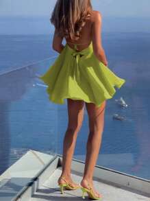 Spring & Summer New Women Sexy Deep V Spaghetti Strap Backless Loose A-Line Layered Ruffles Mini Dress, Suitable For Vacation, Streetwear, Tropical - Green - View 4