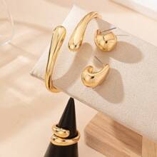 4pcs Gold Heavy Metal Geometric Waterdrop Matte Bracelet Ring Earring Jewelry Set, Minimalist Elegant Multipurpose Daily Accessories