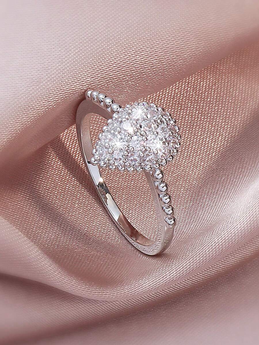 Cubic Zirconia Water-drop Decor Ring - Silver - View 1