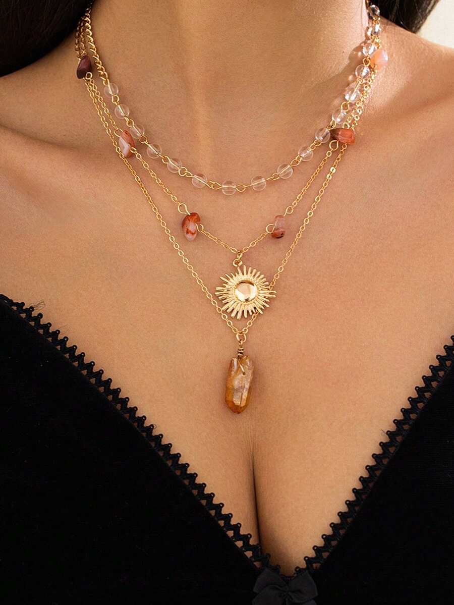 3pcs Asymmetrical Color Random Beaded Necklace, Multi-Layer Sun Pendant Tassel Necklace, Fashionable Design Suitable For Party, Gift, Daily Wear - Multicolor - View 1