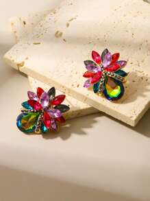 1pc Luxury Rhinestone Inlaid Colorful Flower Earrings, Fashionable Jewelry For Spring/Summer, Suitable For Parties, Weddings, Mother's Day Gifts