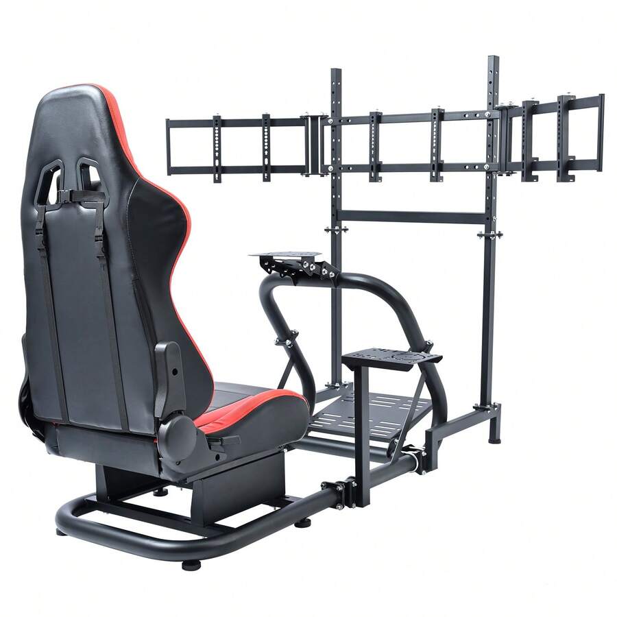 Minneer 50mm Large Round Tube Racing Simulator Cockpit With Red Seat & Triple Screen Display Stand Fits For G29/G920/G923 T300RS, Excluding Steering Wheel Pedals Shifter