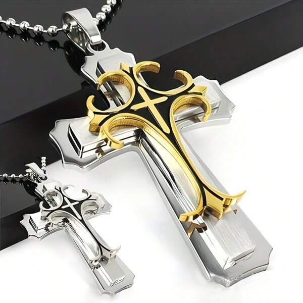 Collar cruzado de doble capa - Cadena de acero inoxidable cuadrada - Diseño unisex - Colgante de collar color oro y plata - Mejor opción de regalo