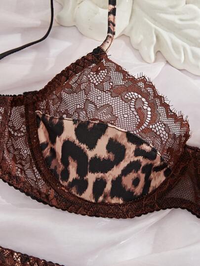 Verleidelijke Kanten Splice Leopard Print Women Lingerie Set, Rave view 4