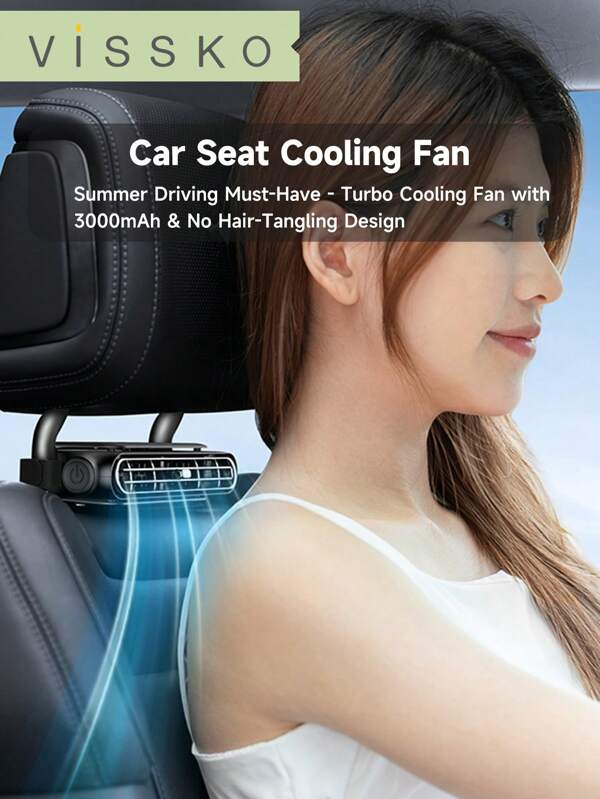ViSSKO Ventilador de refrigeración para asiento de coche - Turbo Boost de 3 velocidades, 3000mAh, seguro para el cabello y de fácil instalación