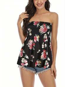 Women Tube Tops Solid Floral Leopard Print Sleeveless Tank Tops - 紅色 - 查看 3