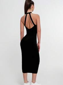 Vestido ajustado de color liso con tirantes de longitud media para mujer - Negro - Ver 1