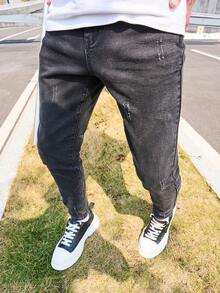 Men's Black Skinny Jeans With Distressed Scratch Designs, Stretch Denim Slim Fit Pencil Leg Pants - Black - View 5