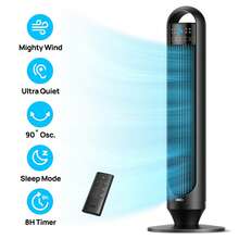 Tower Fans For Home, 32" Standing Floor Fan, 26 Ft/S Bladeless Fan With Remote, 90° Oscillating, 3 Modes, 3 Speeds, LED Display, 8H Timer, Quiet Room Fan - Black - View 1