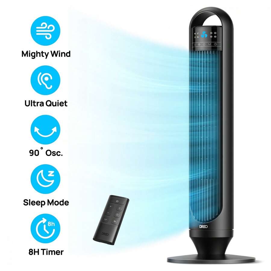 Tower Fans For Home, 32" Standing Floor Fan, 26 Ft/S Bladeless Fan With Remote, 90° Oscillating, 3 Modes, 3 Speeds, LED Display, 8H Timer, Quiet Room Fan - Black - View 1
