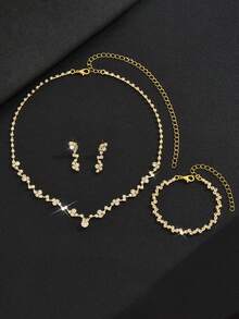 1 Set Minimalist Flower Crystal Decor Adjustable Choker Necklace + 1 Pair High-End Pendant Earrings + 1 Geometric Crystal Bridal Necklace - Fashion Elegant Bridal Jewelry Set For Daily, Ball, Banquet, Party, Wedding, Photography - Gold - View 13