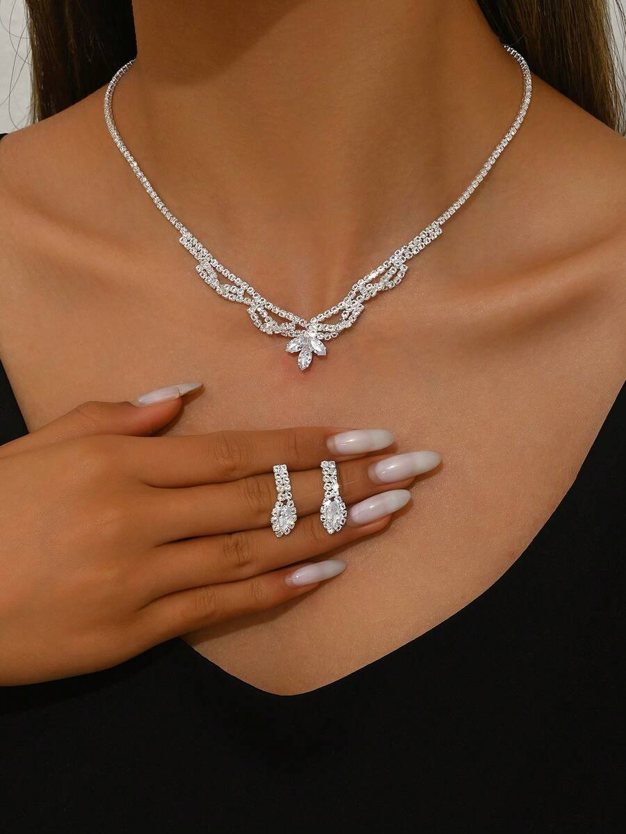 1 Set V-Shape Claw Chain Earrings And Necklace Jewelry Set, Suitable For Weddings And Formal Events - Silver 517 - View 1