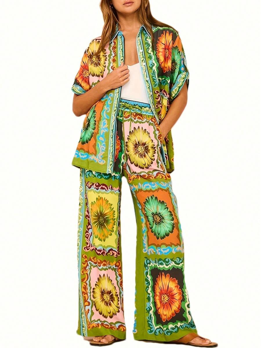 Floral Two Piece Sets For Women Casual Floral Fruit Print Short Sleeve Shirt Wide Leg Pants Hawaii Beach Outfits - màu xanh lá - Xem 1