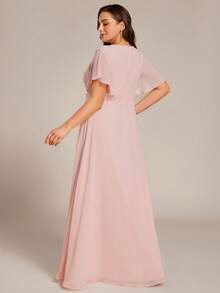Plus Size Short Sleeve Chiffon Applique Bridesmaid Dress, Suitable For Wedding Parties And Summer Wedding Guests - Pink - View 2