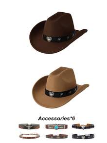 6pcs Solid Color Retro Polyester Gemstone Studded Western Cowboy Hat, Outdoor Cowboy Gift Hat, Party Hat, With Interchangeable Hat Bands - 1PC - View 15