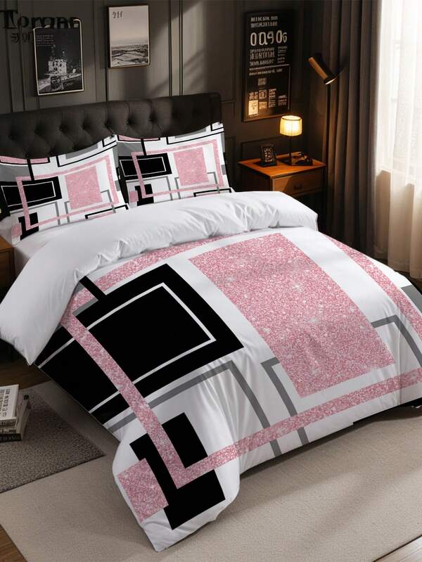 3 PEÇAS Conjunto de Capa de Edredon com Padrão Geométrico Rosa Cinza (1*Capa de Edredon + 2*Fronhas, Sem Enchimento) - Conjunto de roupa de cama respirável e leve para quarto e dormitório com estampa geométrica, cobertura e edredom confortáveis - Fácil de cuidar, hipoalergênico e delicado na pele