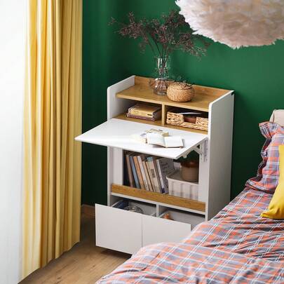 SoBuy Folding Desk Computer Table With Shelves Folding Table Work Table Office Table For Home Office Wall Table Laptop Table W X H X D Approx. 63 X 93 X 67 Cm White Natural FWT109-WN