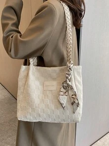 畅销格子围巾单肩包女士新款时尚大容量手提包，休闲通勤腋下蝴蝶结手提包（围巾颜色随机） - 米色 - 查看 5