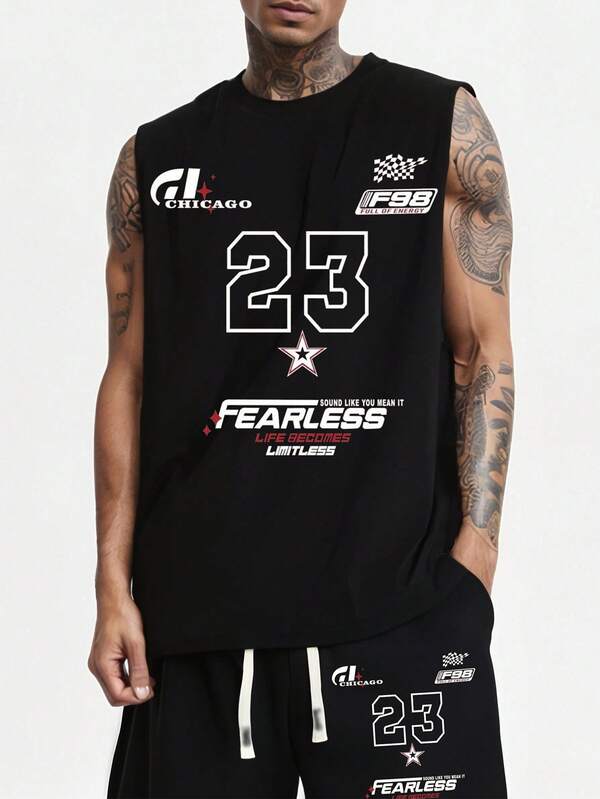 Men's Sportswear Set - Men's Tank Top Set, Summer T-Shirt & Shorts Set, Running & Fitness Sportswear, Streetwear Commuter Clothes, Casual Sleeveless T-Shirt & Shorts, Black Sports Tank Top, Black Sports Shorts, Number "23", Chicago City Name