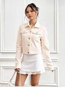 chamarra de mezclilla con botones de cuello de manga larga con bolsillo en pecho Bolsillos casuales con botones de color sólido y bordes de piel. - Blanco y plata - Ver 1