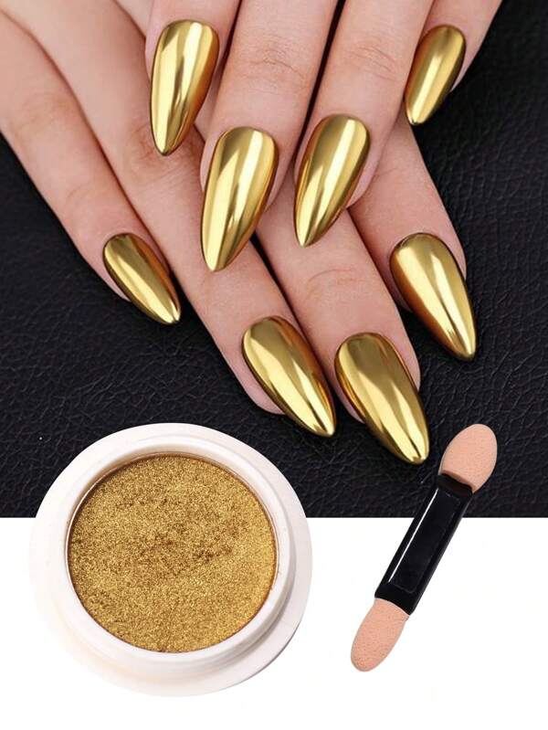 Gold Chrome Mirror Nail Powder Metallic Golden Glitter Pigment Dust Nail Art Decoration With 1pc Eyeshadow Sticks,Powder