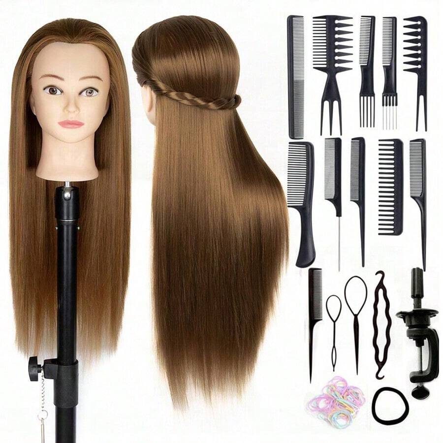 Cabeza de maniquí con fibra sintética larga para entrenamiento de peinados, 24 pulgadas, cabeza de muñeca cosmética para práctica de corte y trenzado con soporte de sujeción gratis