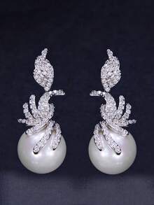 1 Pair Silver Plated CZ Pearl Dangle Drop Earrings, Cubic Zirconia 925 Sterling Silver Post Bridal Jewelry For Women Brides, Wedding/Engagement/Banquet/Party Gifts For Female Bridesmaids, Christmas Gift - White - View 12