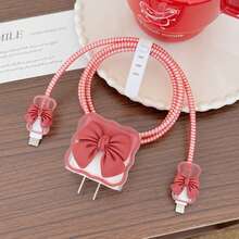 5pcs 20W Apple Charger Protector Case, With 3D Burgundy Cute Bow Charger Head And Phone Cable Protective Cover Suitable For IPhone 16/15/14/13 Charger Soft Shell Anti-Scratch - Burgundy - View 6