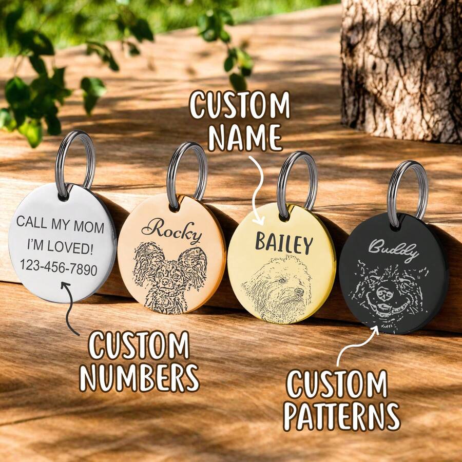 1pc Personalized Pet Portrait ID Tags - Custom Round Name & Number Engraved Dog & Cat Collar Tags - Multicolor - View 1