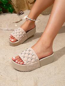 Summer New Arrival Women's Fashionable Rhinestone & Diamond Checkered Apricot Color Thick Sole Height Increasing Outdoor Comfortable Sandals - Apricot - View 2