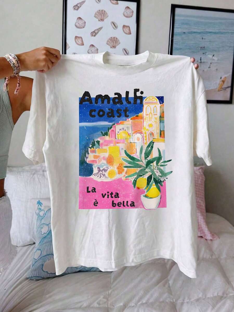 阿马尔菲海岸意大利图案圆领短袖 T 恤，女式休闲夏季海滩 - 白色 - 查看 1