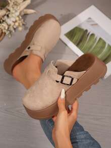 New Thick Sole 5cm Round Toe Mule Shoes For Women, Apricot & Black Color, Flat Slip-On Casual Outdoor Shoes, All Season