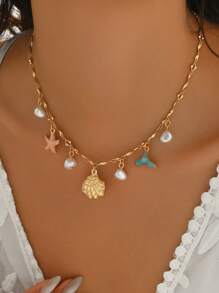 1 pieza Collar con colgante de estrella de mar y cola de pez con perla falsa de estilo océano de verano, cadena de clavícula de aleación con esmalte de colores, elegante para uso diario, vacaciones en la playa, citas, fiestas y viajes