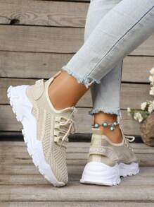Thick Sole Beige Casual Sports Shoes, Round Toe Lace-Up Knitted Mesh Breathable Flat Light Weight Running Sneakers, All Season