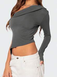 Women's Long-Sleeved Spring/Summer Knitted Diagonal Shoulder Asymmetrical Top - Dark Grey - View 3