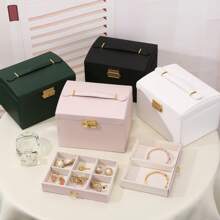 1pc Luxury Leather 3-Drawer Jewelry Box, Travel Carrying Jewelry Organizer For Earrings, Necklaces & Other Accessories With Lock