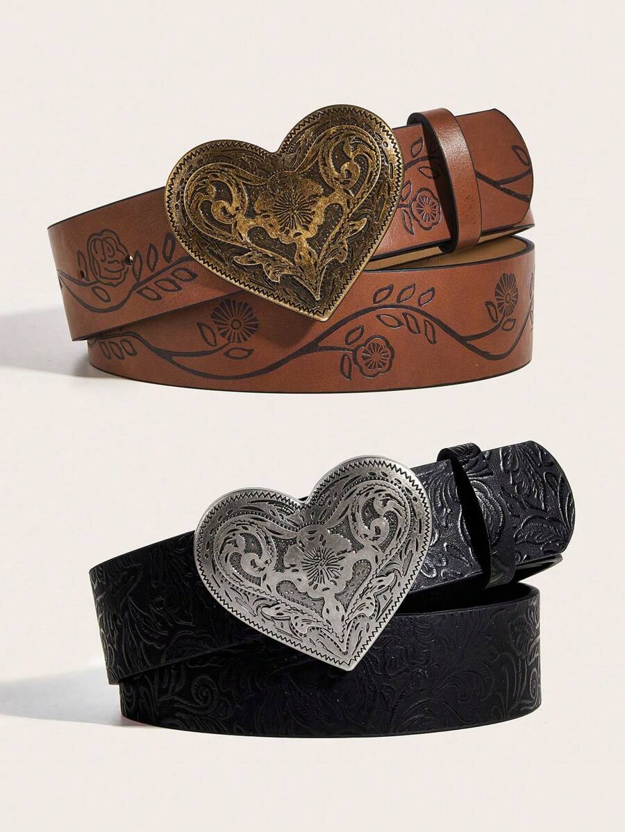 2 pezzi Cintura casual da donna con stampa a cuore da cowgirl, adatta per estate, scuola, autunno, Ognissanti