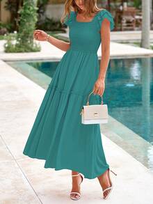 Vestidos de verano para mujer, plisados, de manga corta y con vuelo, con capas - Verde azulado - Ver 1