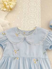 Baby Girls Embroidered Ditsy Floral Bodysuit, Short Sleeve Lapel Bodysuit - Blue - View 3