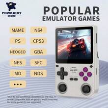 powkiddy Portable Arcade Game Console Features An Open-Source Linux System, 3.5-Inch IPS High-Definition Display, 64GB 10K+Expexptable Game Storage, An OTG Interface, 5000mAh Rechargeable Lithium Battery, USB Charging, And Is Made Of ABS Material. It Is An Ideal Holiday Gift For Outdoor Activities And Offers A Fresh And Eye-Catching Display For Outdoor Adventures. The Design Is Durable And Does Not Require Batteries